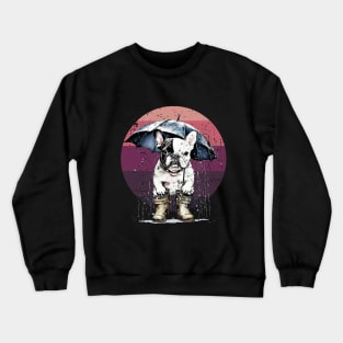 Cute french bulldog under the rain with umbrella, vintage style, frenchie mon, frenchie dad, frenchie on vintage sun Crewneck Sweatshirt